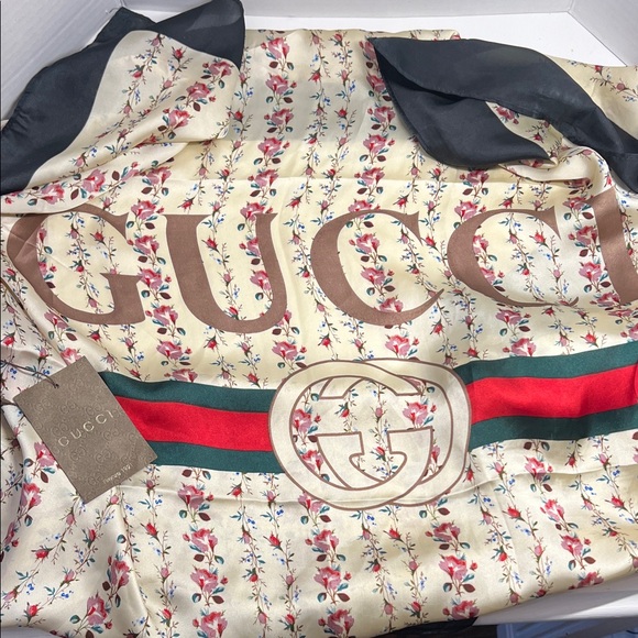 Gucci Accessories - Gucci Floral Silk Scarf with Red and Green Stripe